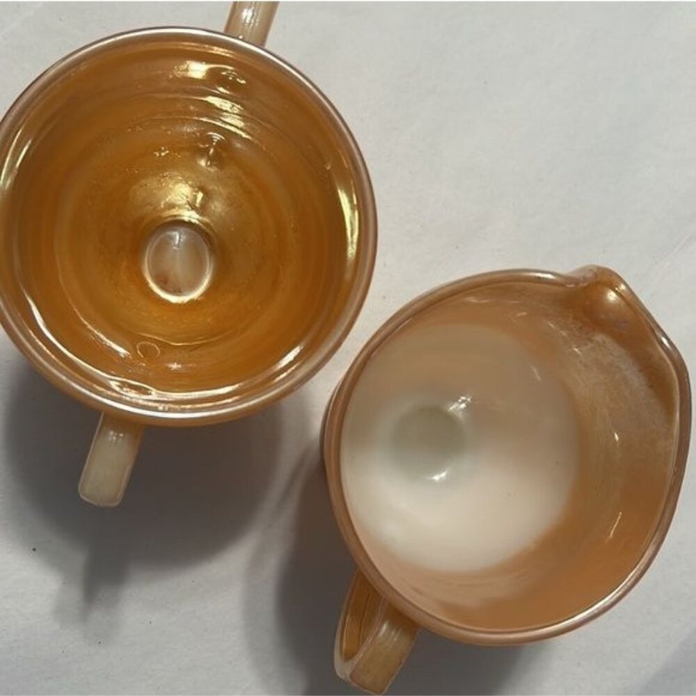 Vintage Fire-King Peach Lustre Creamer & Sugar Set With Laurel Pattern - Picture 7 of 8